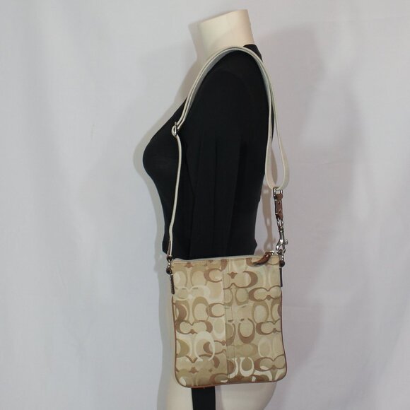 Coach Crossbody Shoulder brown white  messenger leather trim   bag 8.5"x7.5" - Picture 2 of 6